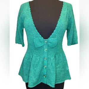 Anthropologie Knitted & Knotted Green Peplum Wool Mohair Sweater Size Small